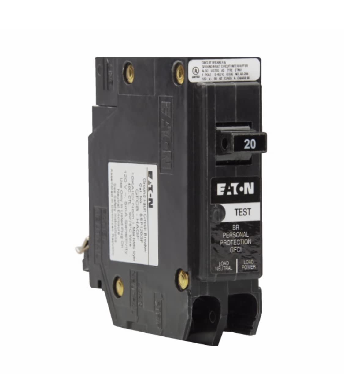 Eaton BRP120GF breaker front view highlighting 20A single-pole protection for 120V circuits.