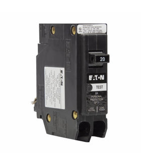Eaton BRP120GF breaker front view highlighting 20A single-pole protection for 120V circuits.