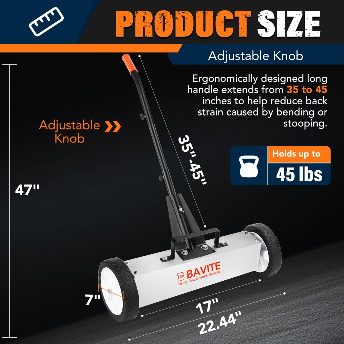 E BAVITE nail magnetic sweeper aluminum handle reduces fatigue during cleanup.