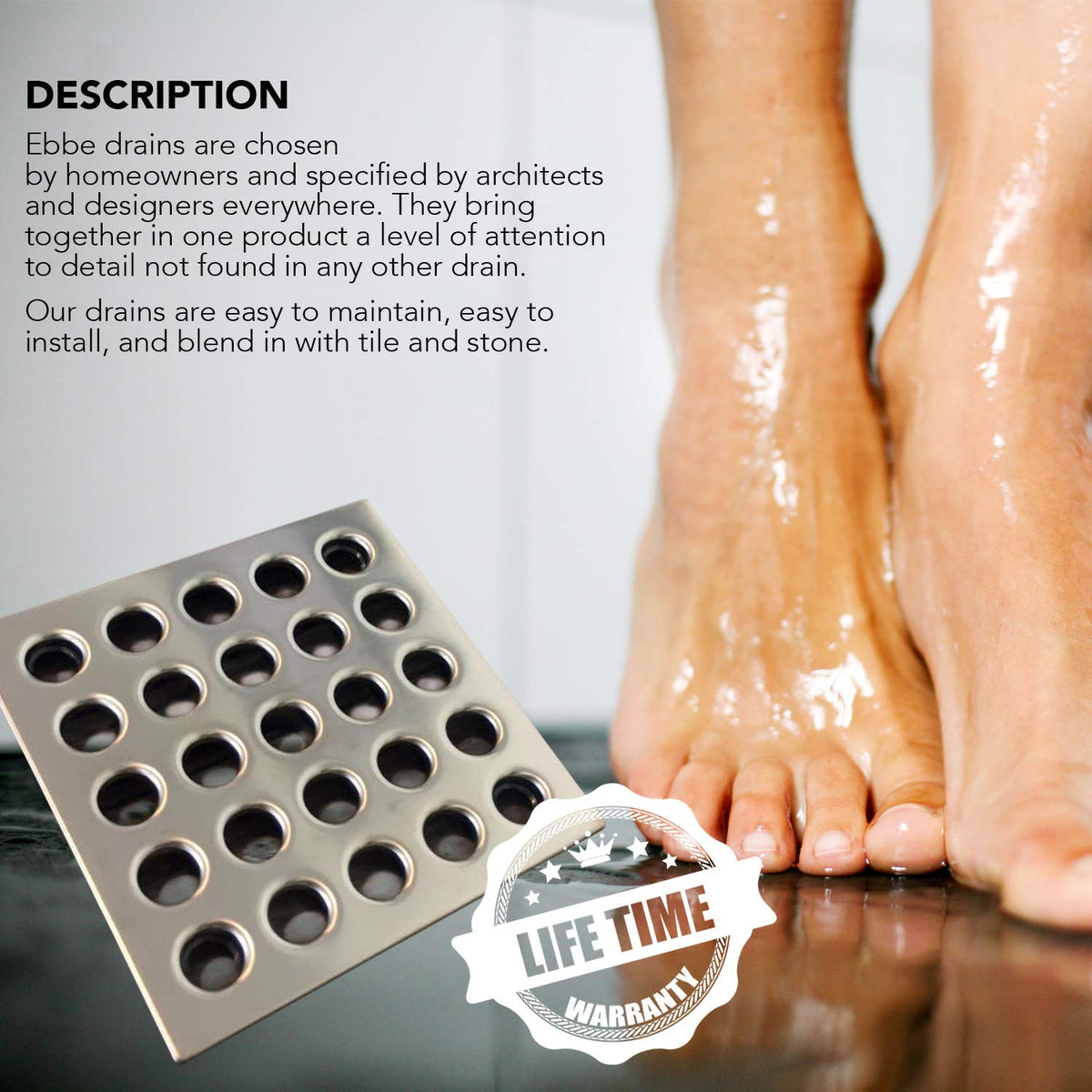 Ebbe E4404 stainless steel plate adds sturdy support for the drain.