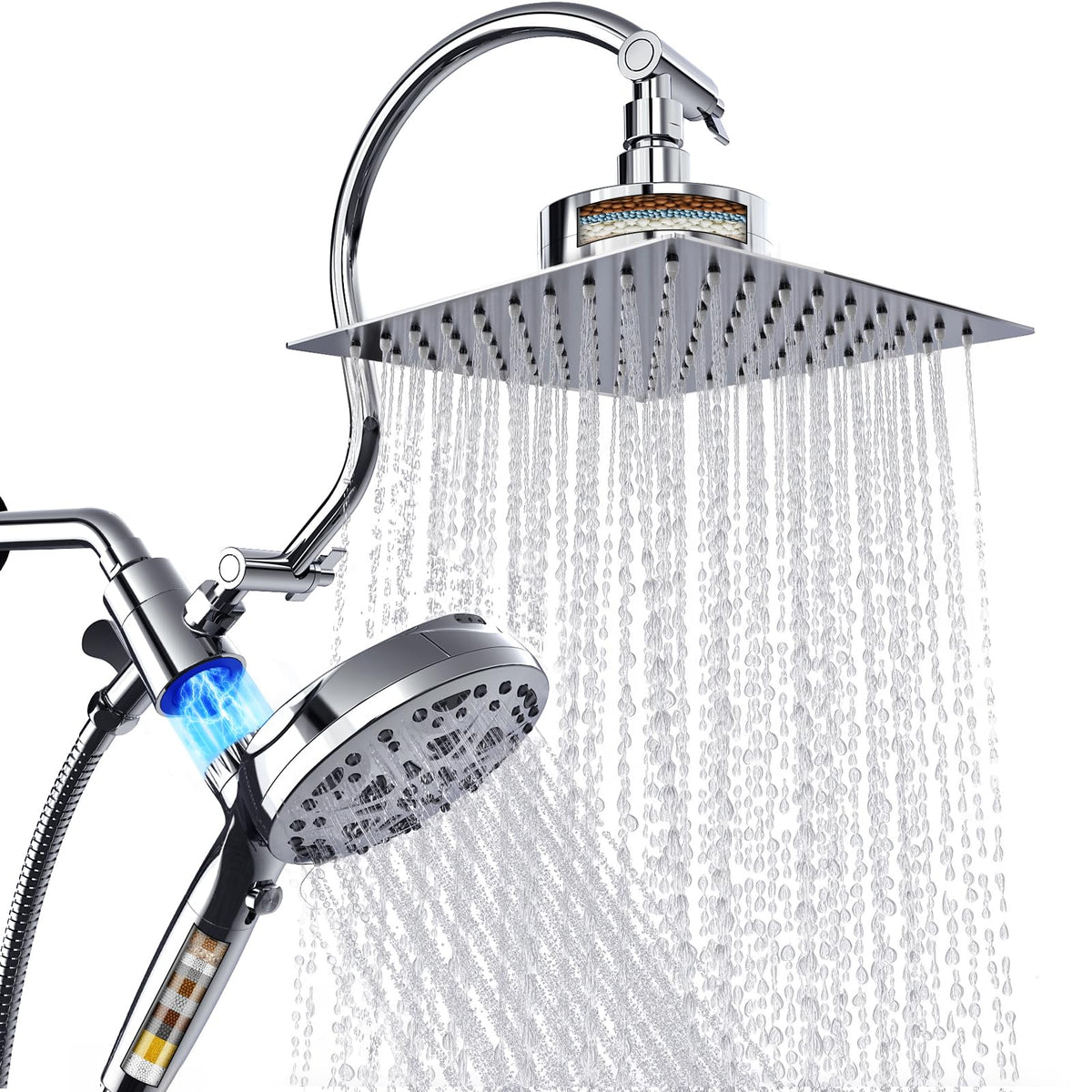 eboatop dual-filtered shower head with magnetic handheld and 8-inch square rain face for a refreshing shower.