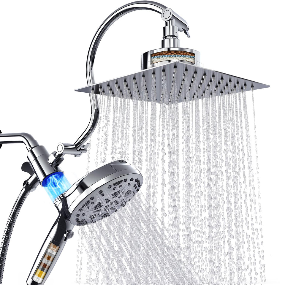 eboatop dual-filtered shower head with magnetic handheld and 8-inch square rain face for a refreshing shower.