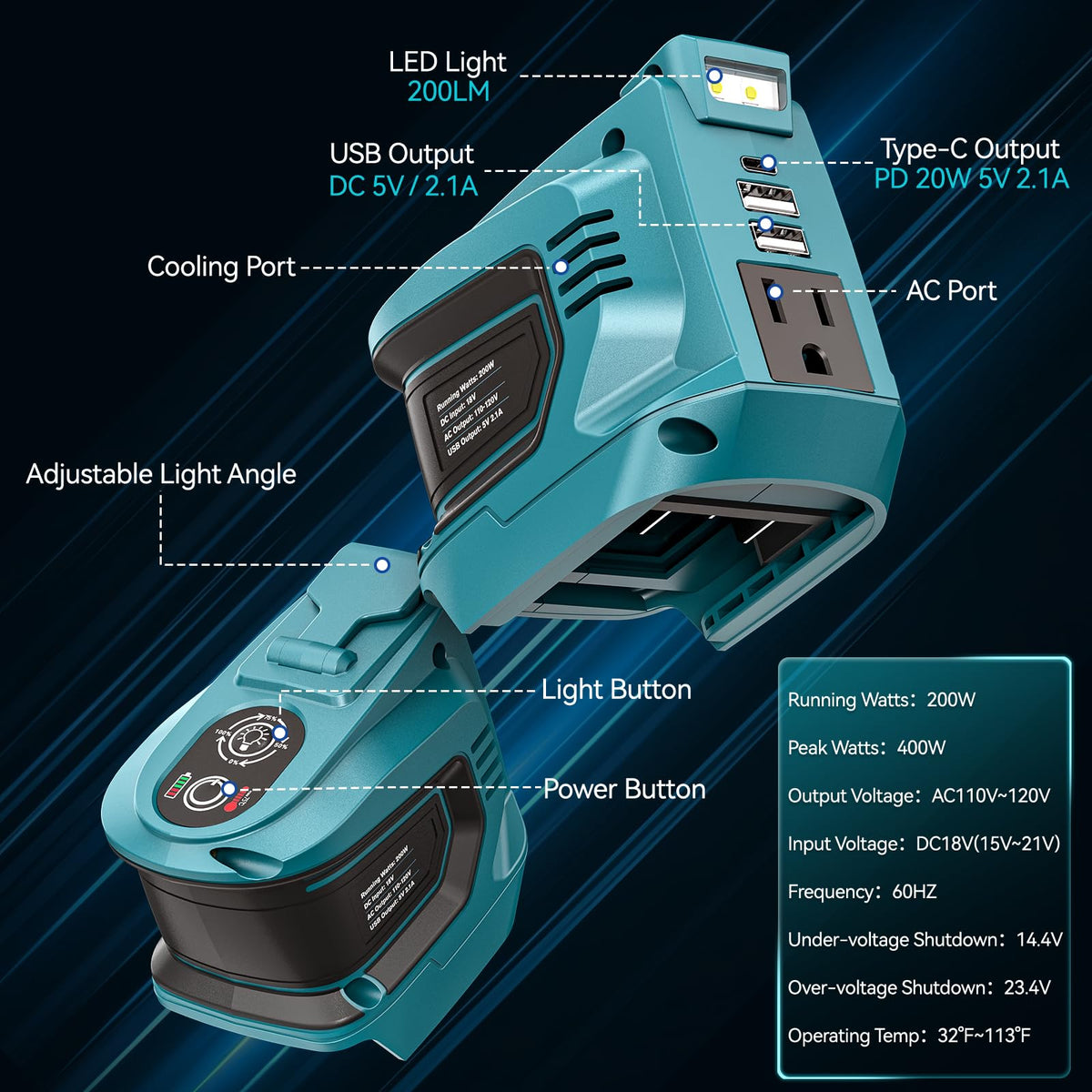 Ecarke 200lm LED light on the inverter for bright camping illumination