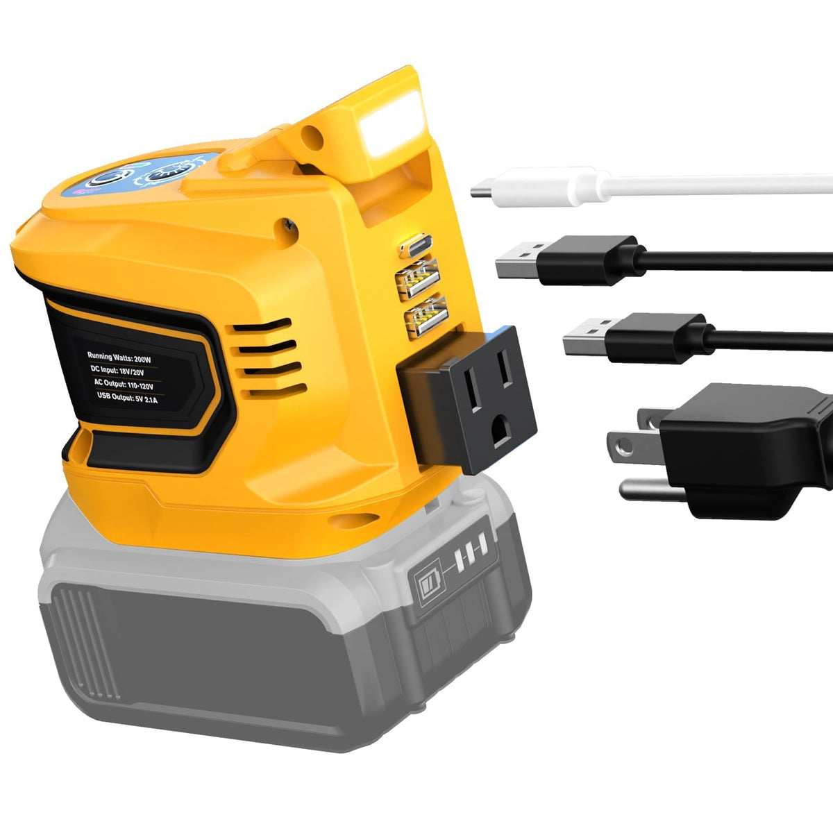 Ecarke 200W inverter showing DeWalt 20V battery compatibility for portable power