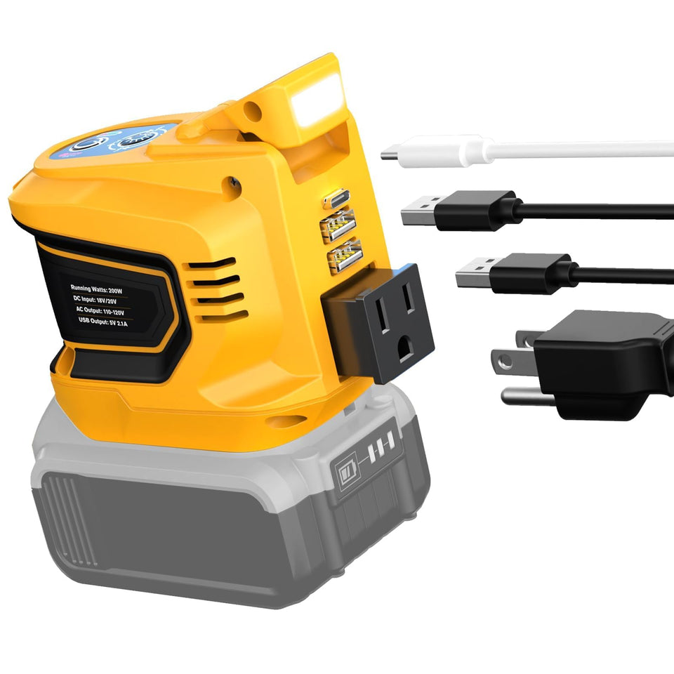 Ecarke 200W inverter showing DeWalt 20V battery compatibility for portable power