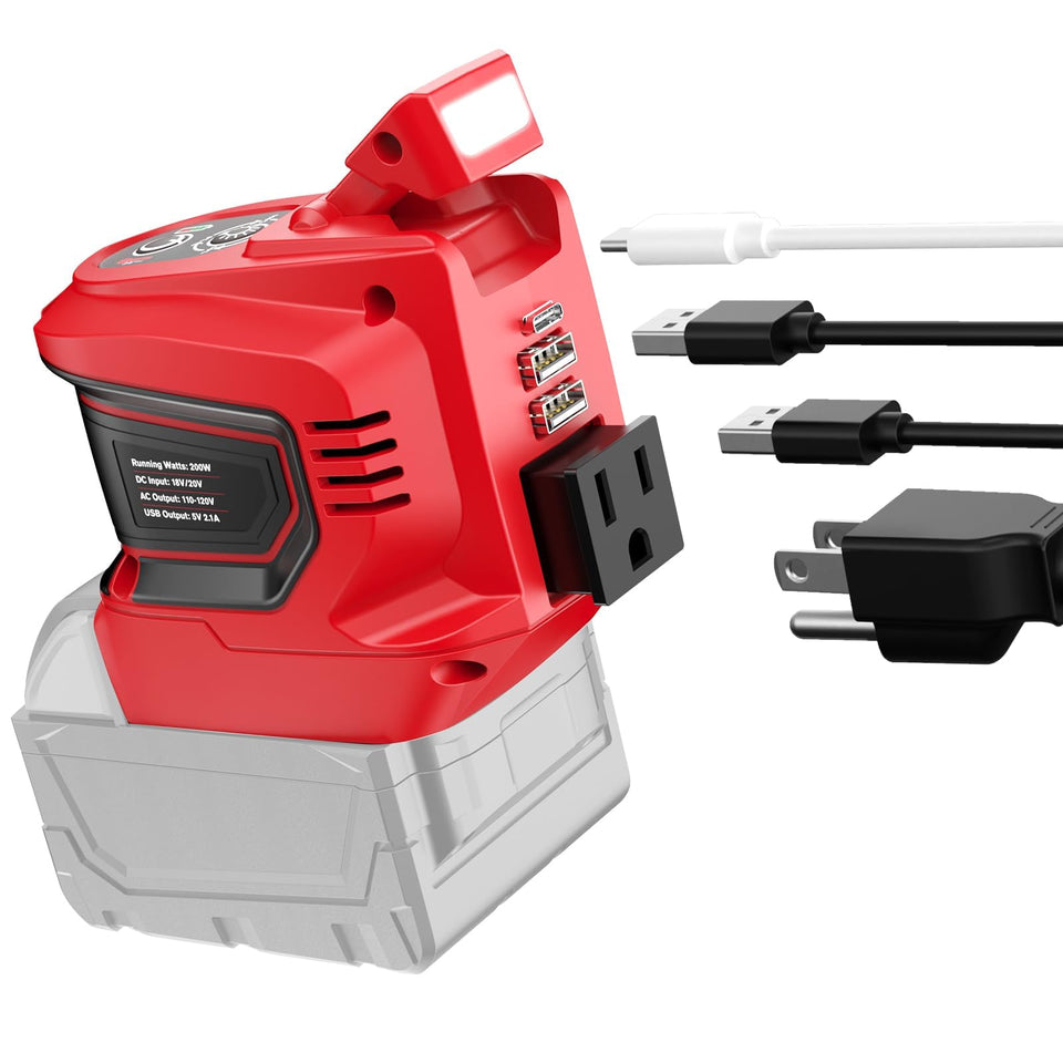 Ecarke 200W inverter connected to Milwaukee 18V battery for portable power on the go