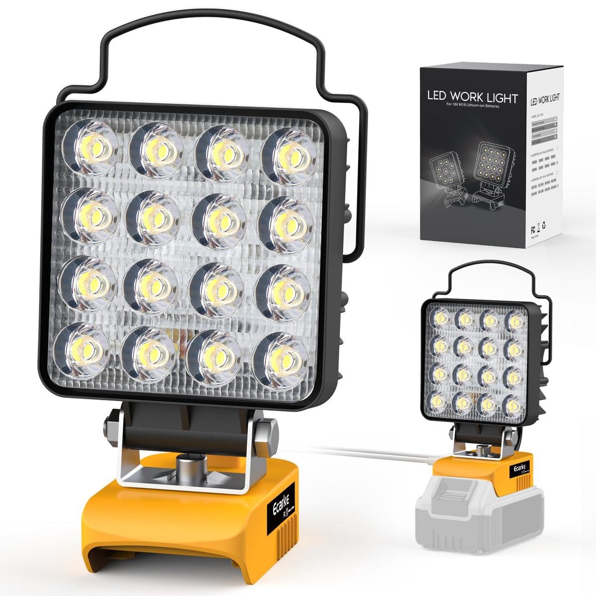 Ecarke 20V LED work light with DeWalt compatibility for cordless convenience on job sites.