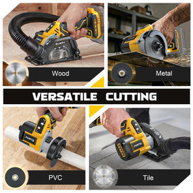 Three-inch blade kit for metal, wood, and tile cutting included with the tool.