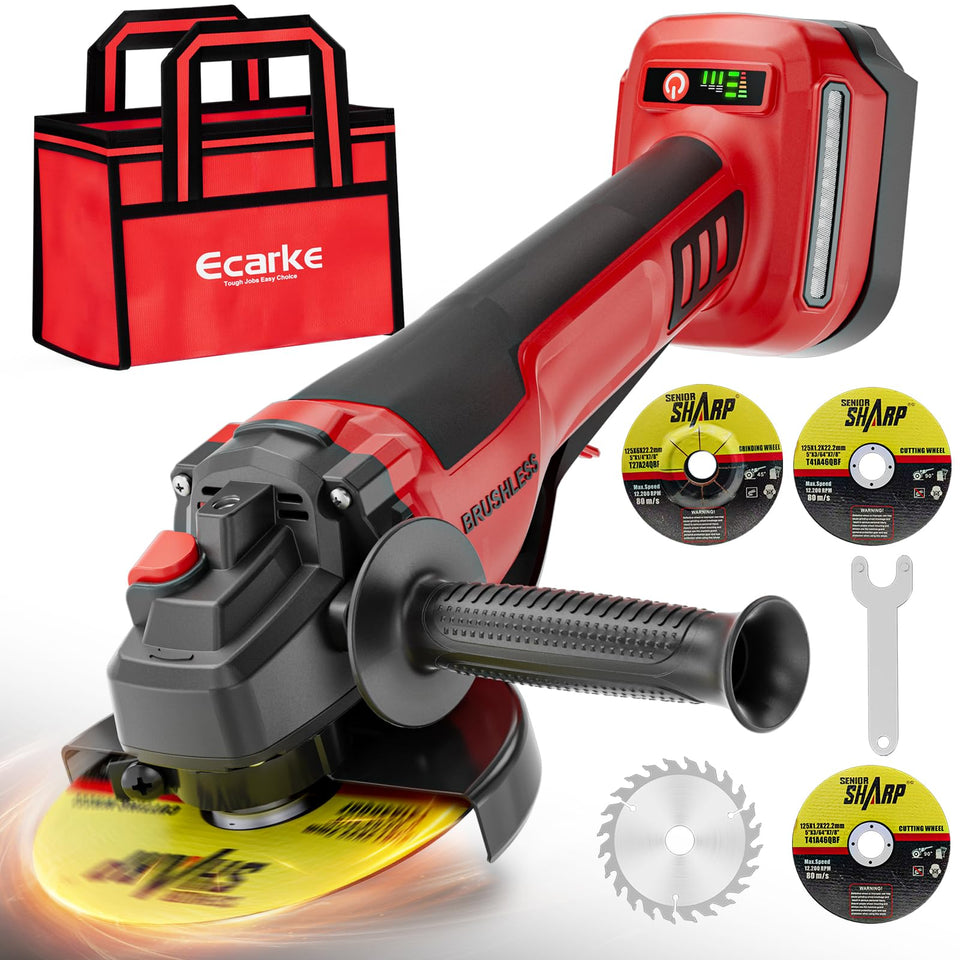 Ecarke cordless angle grinder with Milwaukee 18V compatibility for flexible on-site work.