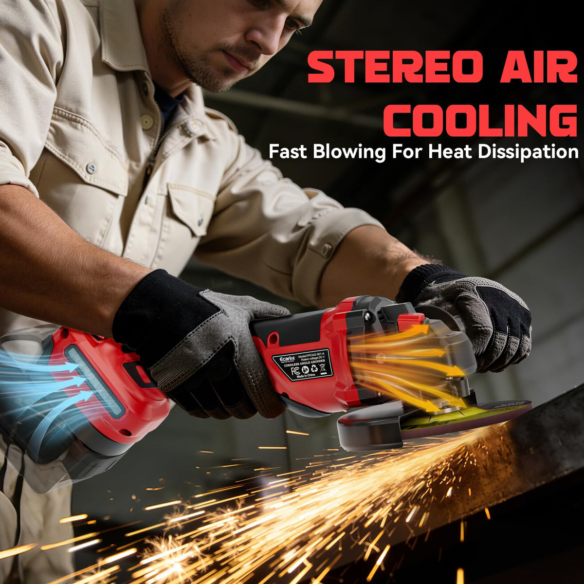 Three-position auxiliary handle improves grip and control on Ecarke grinder.