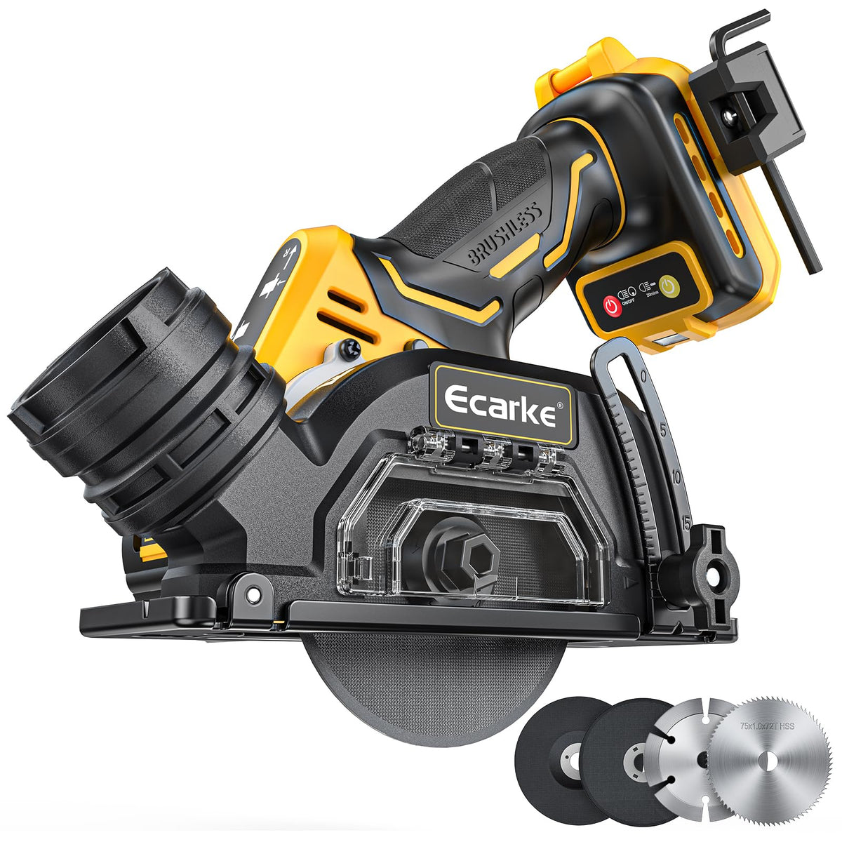 Ecarke cordless cut-off tool showing DeWalt 20V compatibility for cordless operation.