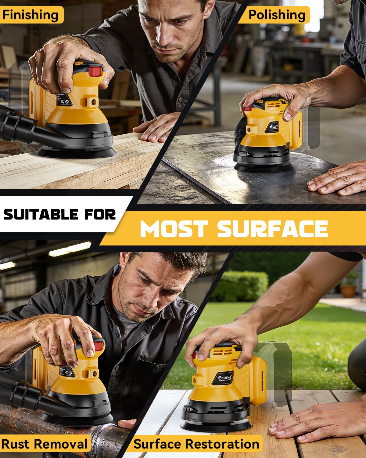 Ecarke ergonomic design supports comfortable two handed sanding sessions