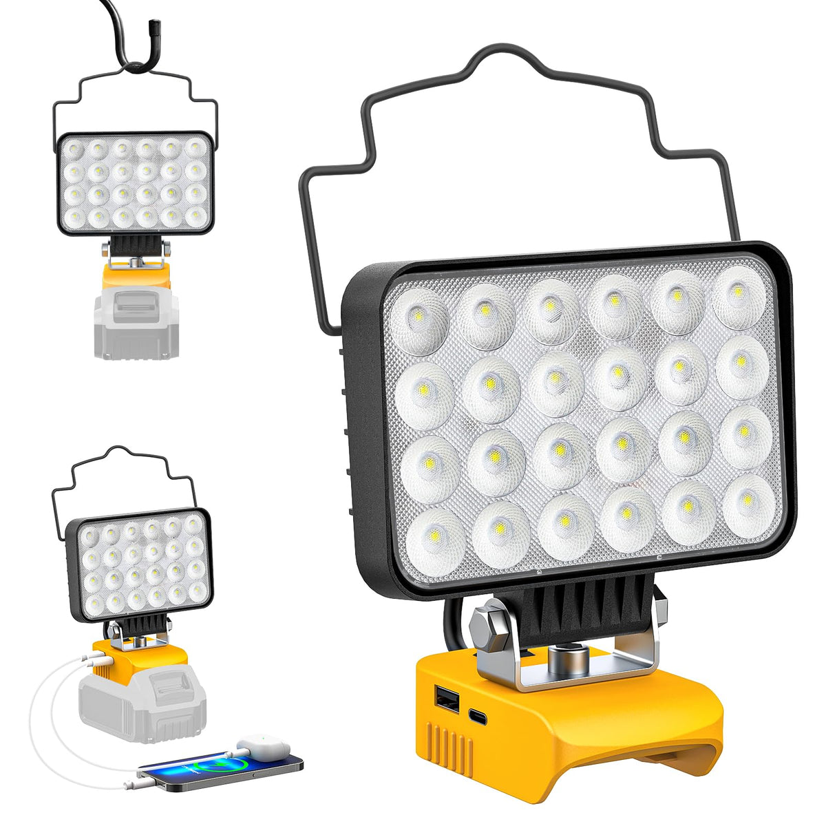 Ecarke LED work light shows DeWALT compatibility for cordless convenience.