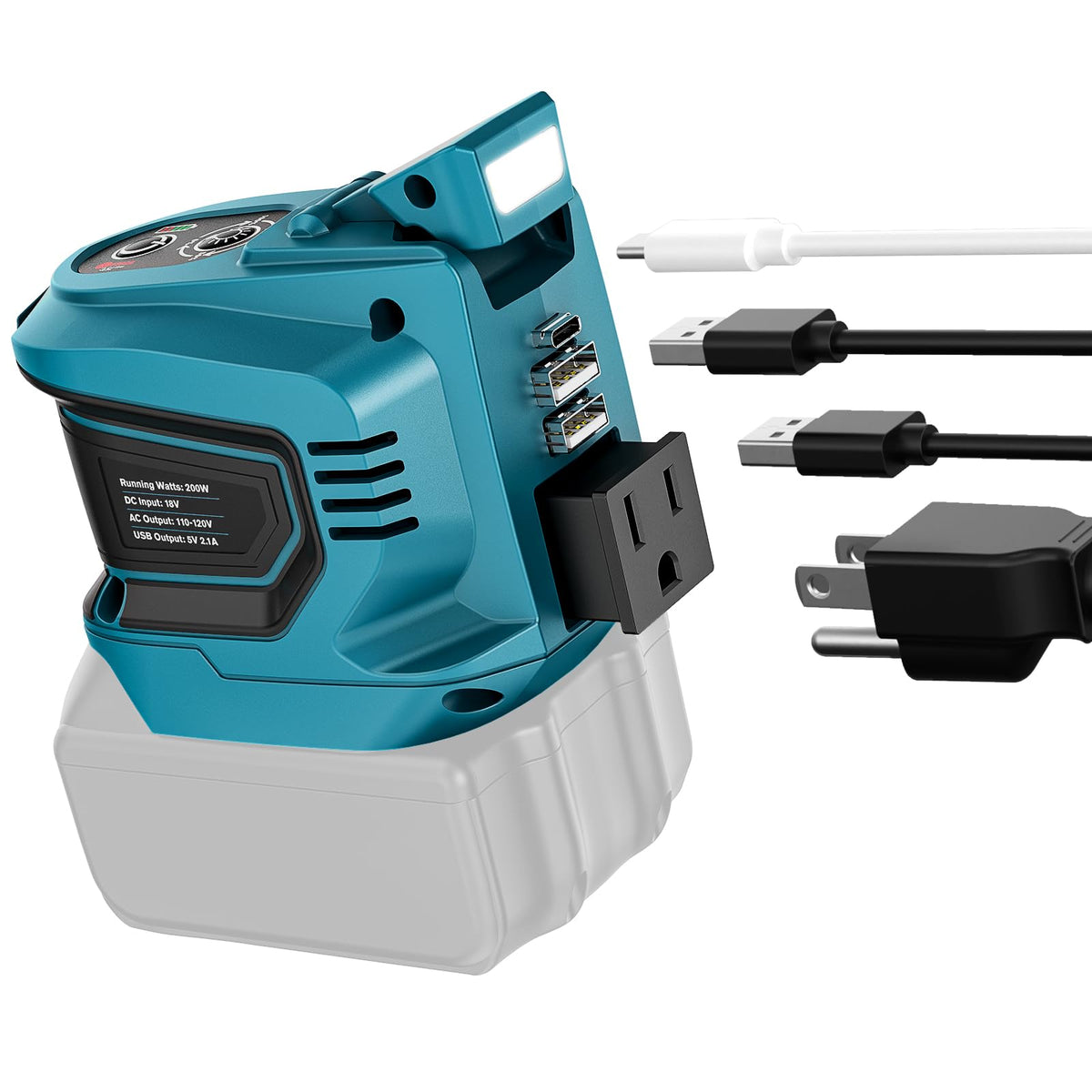 Ecarke Makita 18V inverter outlet showing single AC socket for portable power