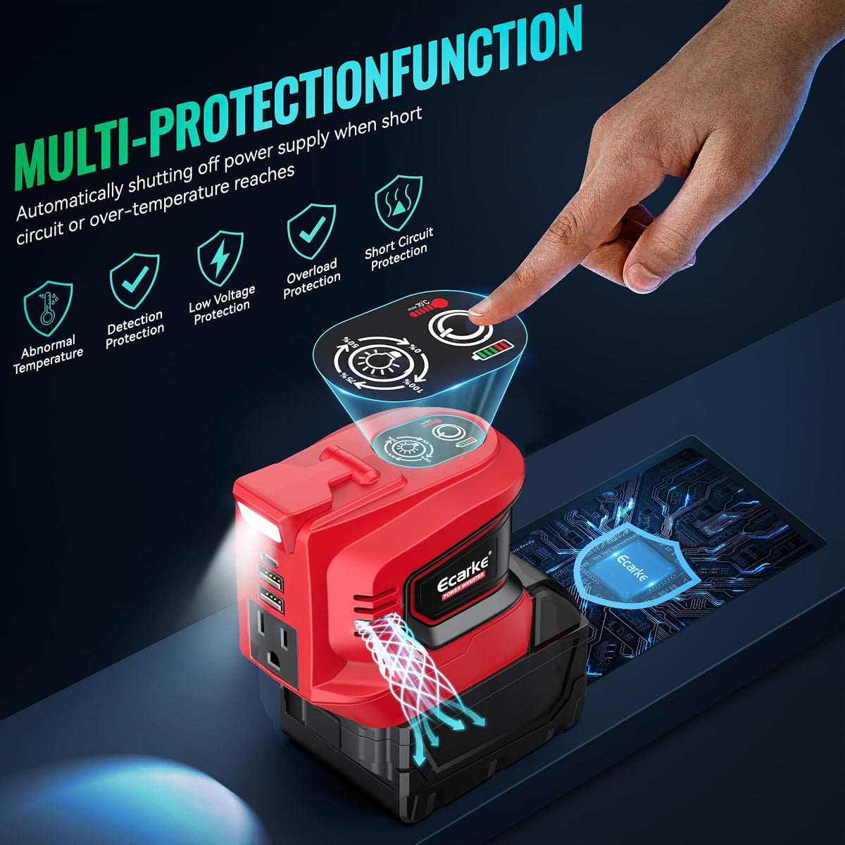 Ecarke Milwaukee 18V battery powers this inverter for quick emergency charging