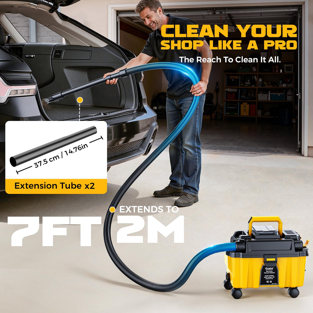 Ecarke shoulder strap and wheels enable hands-free cleaning and easy mobility.