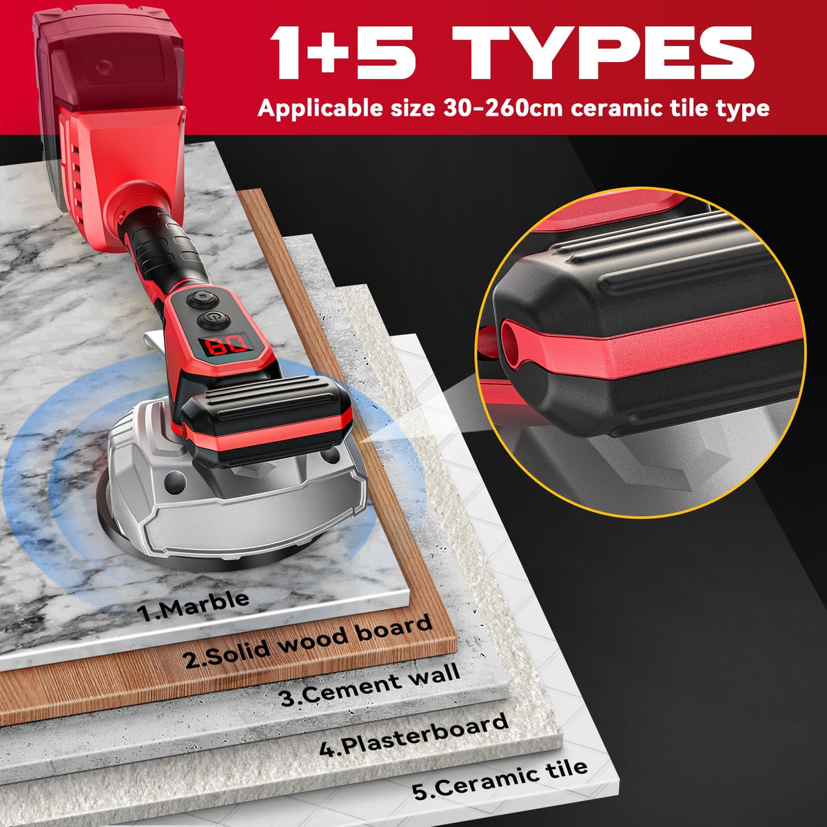 Ecarke suction cup secures tiles up to 102 cm for stable leveling.