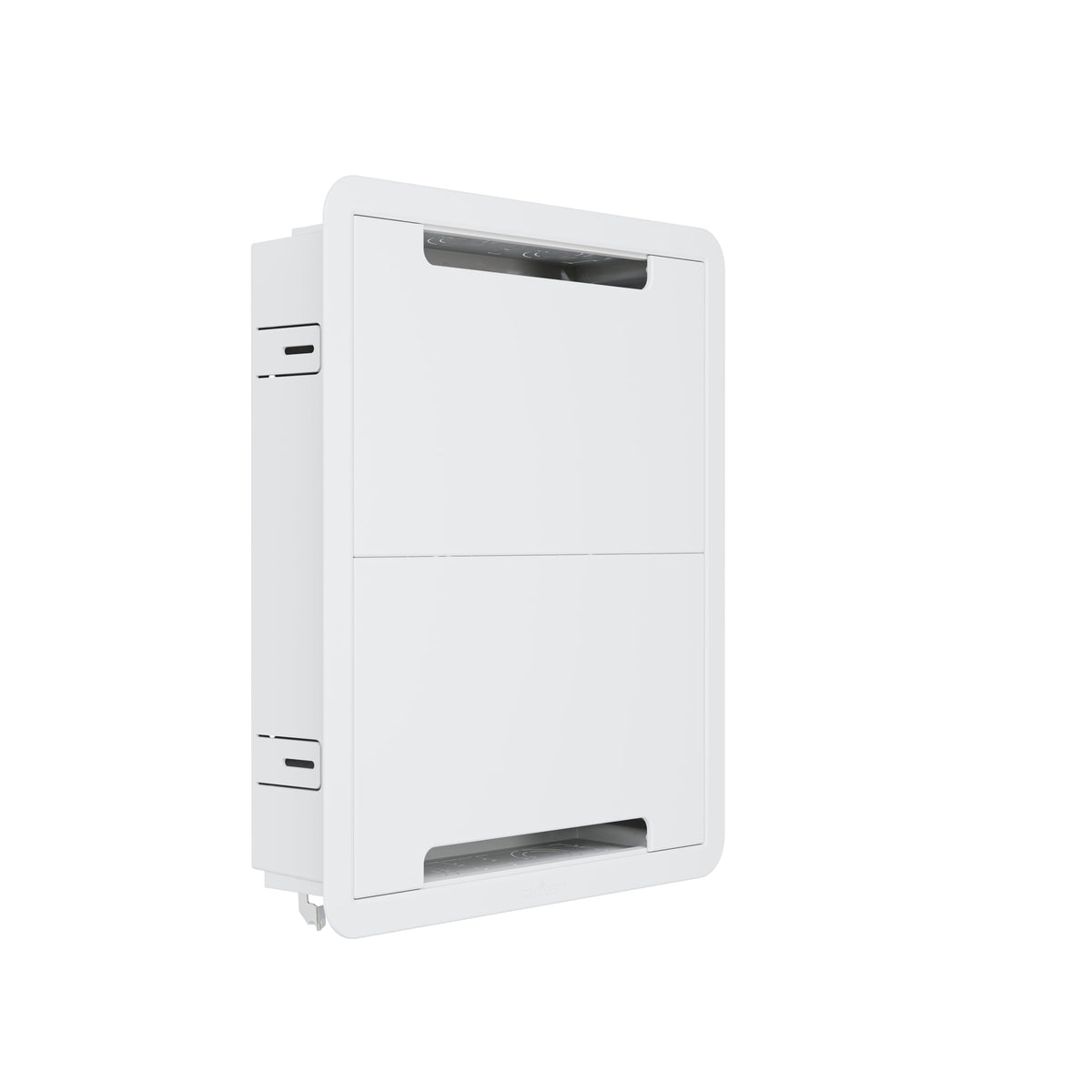 ECHOGEAR 17in wall media box front view hides AV gear for a clean living room.