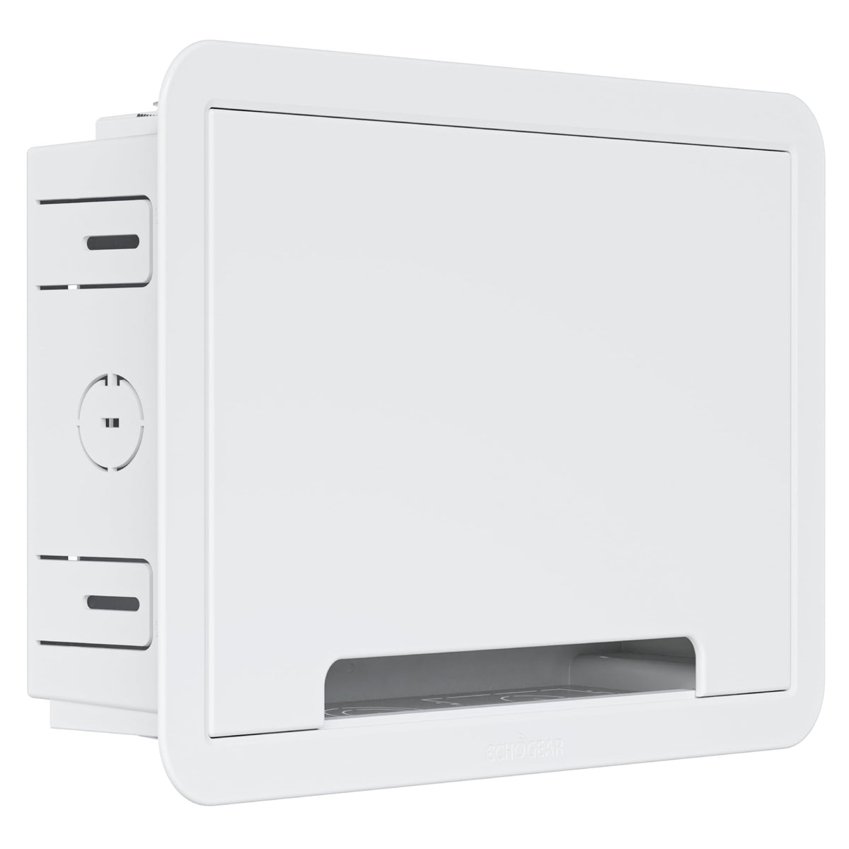 ECHOGEAR 9in-wall media box front view keeps devices neatly tucked away.
