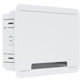 ECHOGEAR 9in-wall media box front view keeps devices neatly tucked away.
