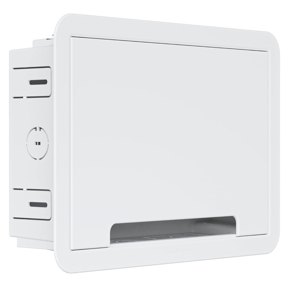 ECHOGEAR 9in-wall media box front view keeps devices neatly tucked away.