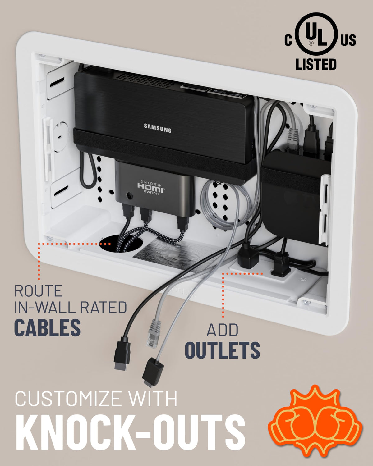 ECHOGEAR 9in-wall media box open-face reveals internal space for gear.