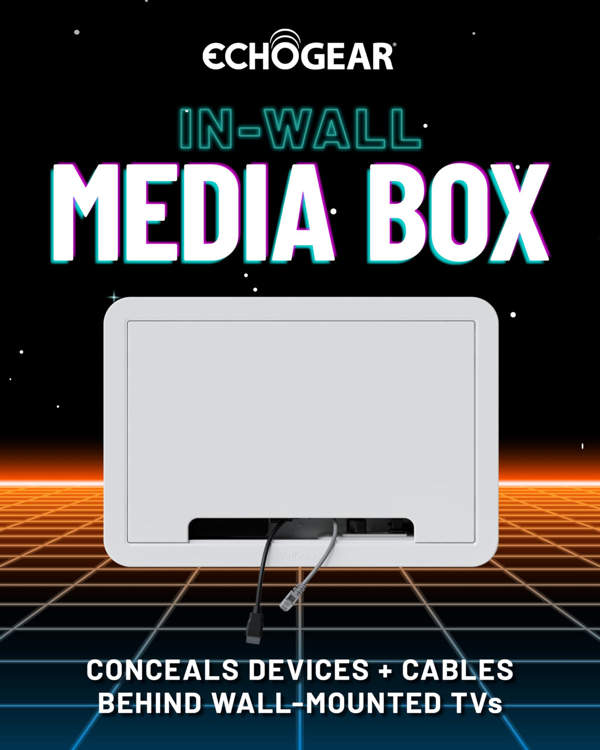ECHOGEAR 9in-wall media box rear view shows hidden cabling behind the wall.