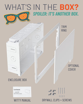 ECHOGEAR recessed outlet box demonstrates safe power and organized cables.