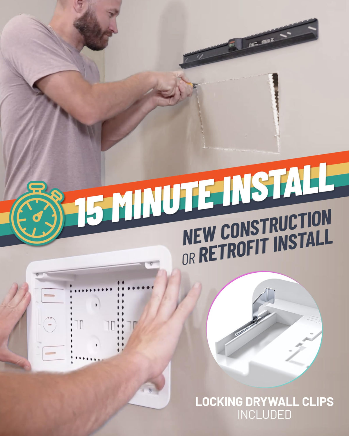 ECHOGEAR 9in-wall media box with trim ring delivers a finished on-wall look.