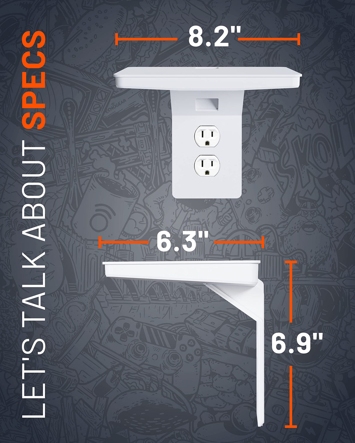 ECHOGEAR Wide Outlet Shelf supports standard and Decora outlets for flexible placement.
