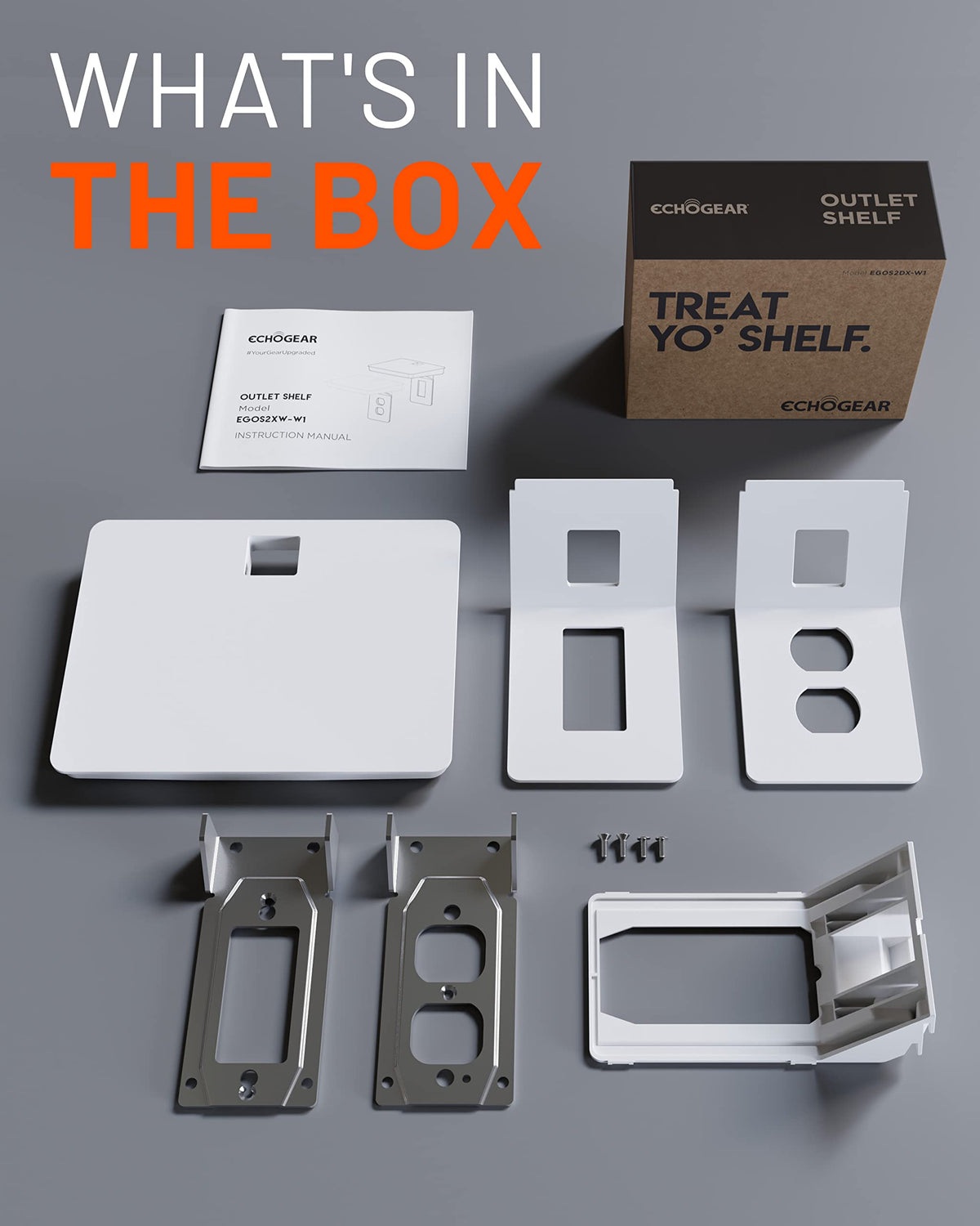 ECHOGEAR Wide Outlet Shelf minimalist white design complements any room while reducing cord clutter.