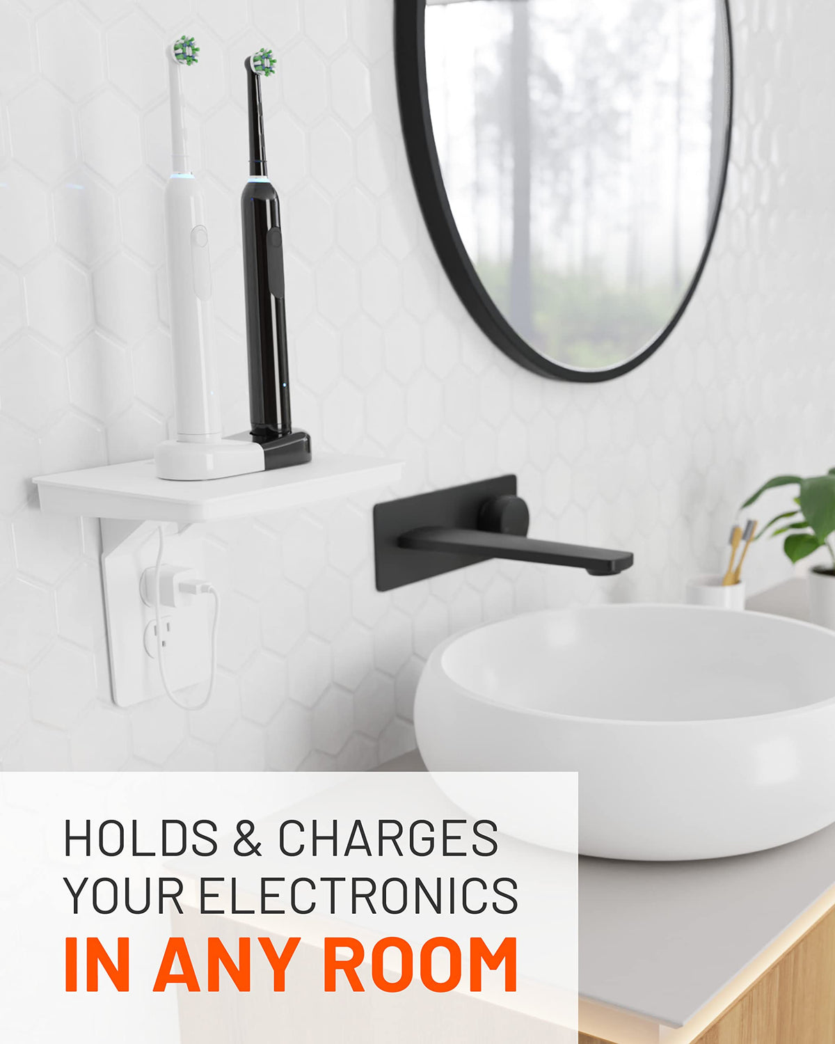 ECHOGEAR Wide Outlet Shelf mounted over outlet enables a cleaner counter and easy access.