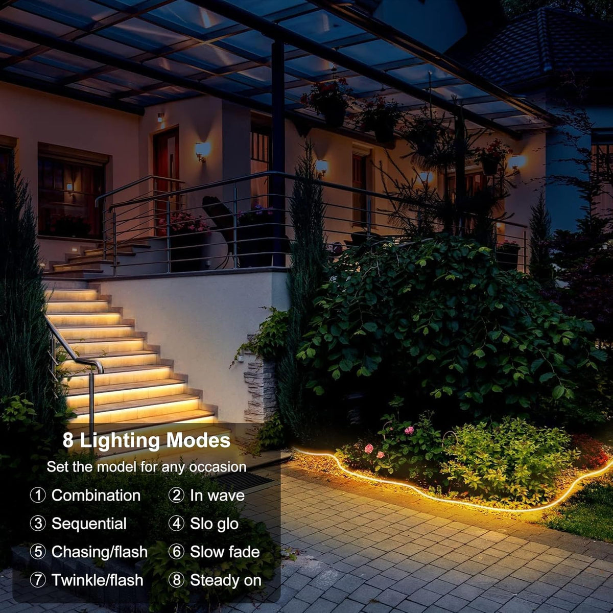 echosari 50ft solar strip lights around a patio for cozy evenings