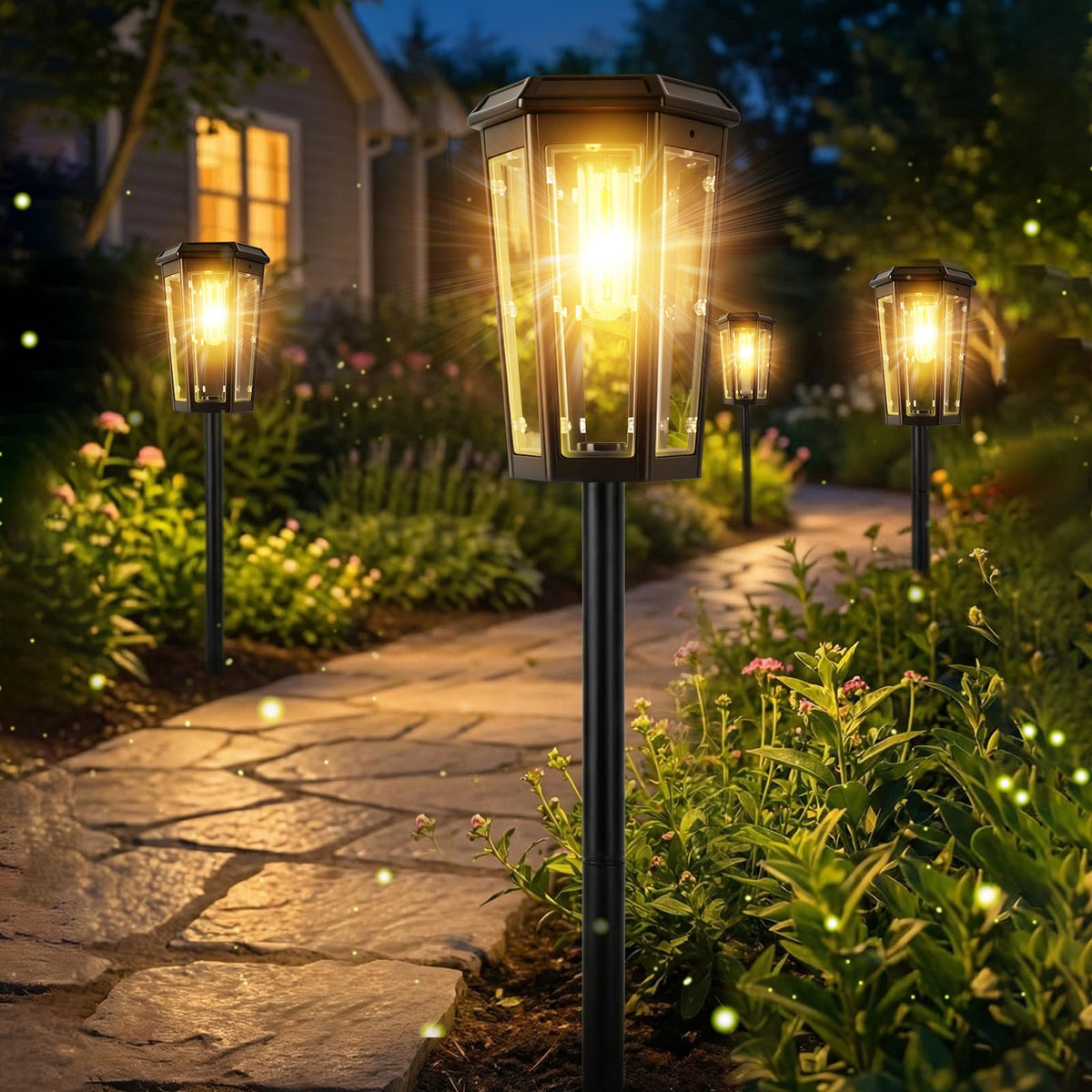 echosari 8-pack solar pathway lights panel closeup highlighting the hexagonal panel for improved solar capture