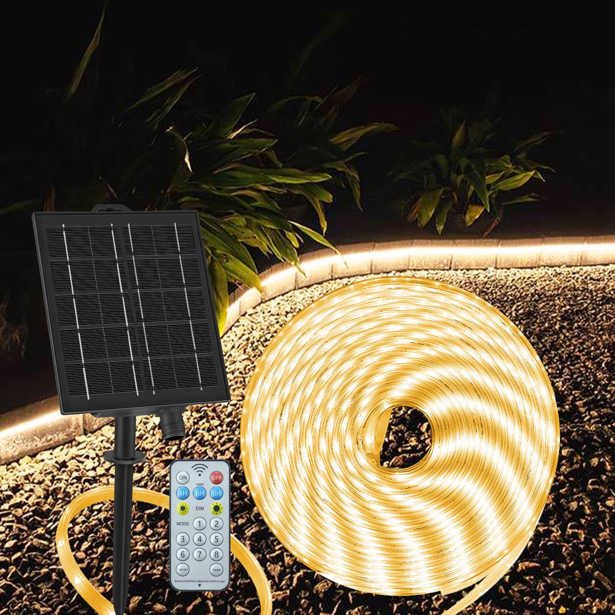 echosari solar strip lights along backyard deck provide a warm, inviting evening glow.