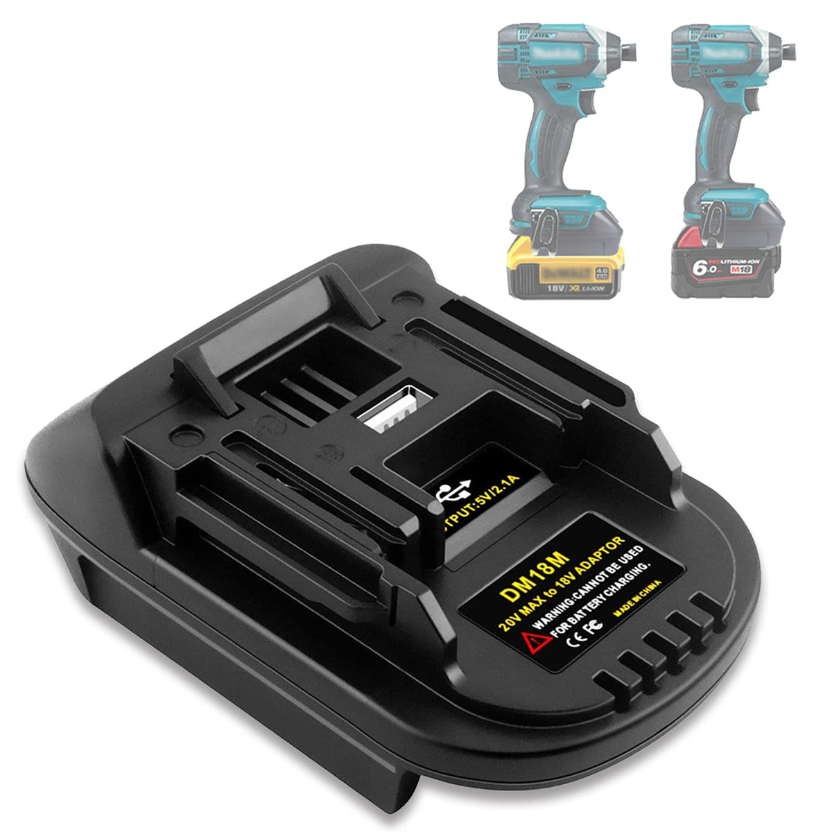 Echoyee DM18M adapter showing cross-brand compatibility with DeWalt and Milwaukee batteries.