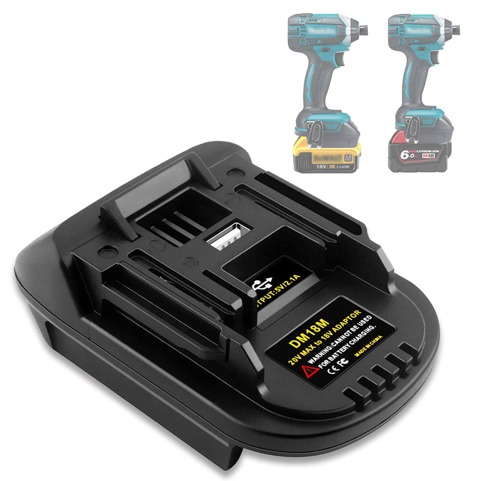 Echoyee DM18M adapter showing cross-brand compatibility with DeWalt and Milwaukee batteries.