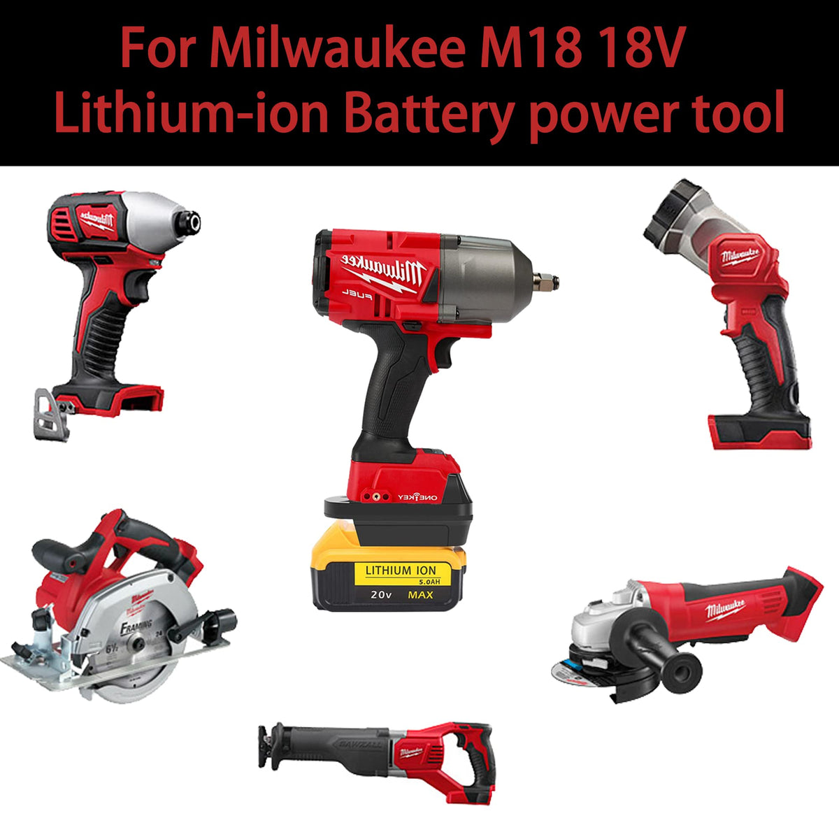 Echoyee DW18ML adapter label highlights cross-brand compatibility with DeWalt and Milwaukee.