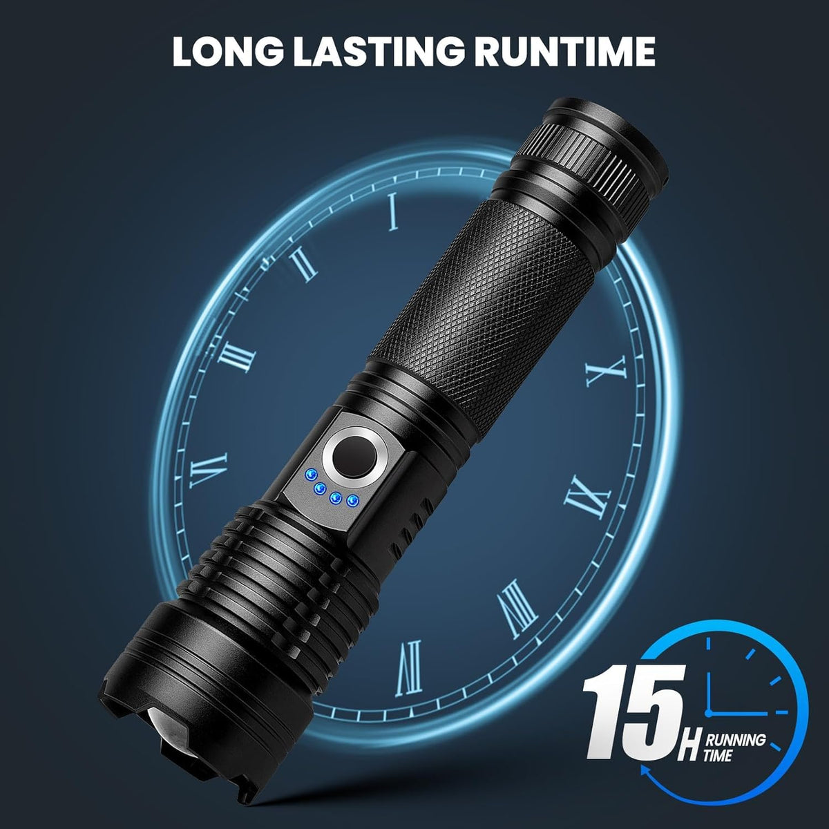 Rechargeable 5000mAh battery powers up to 15 hours of light per charge
