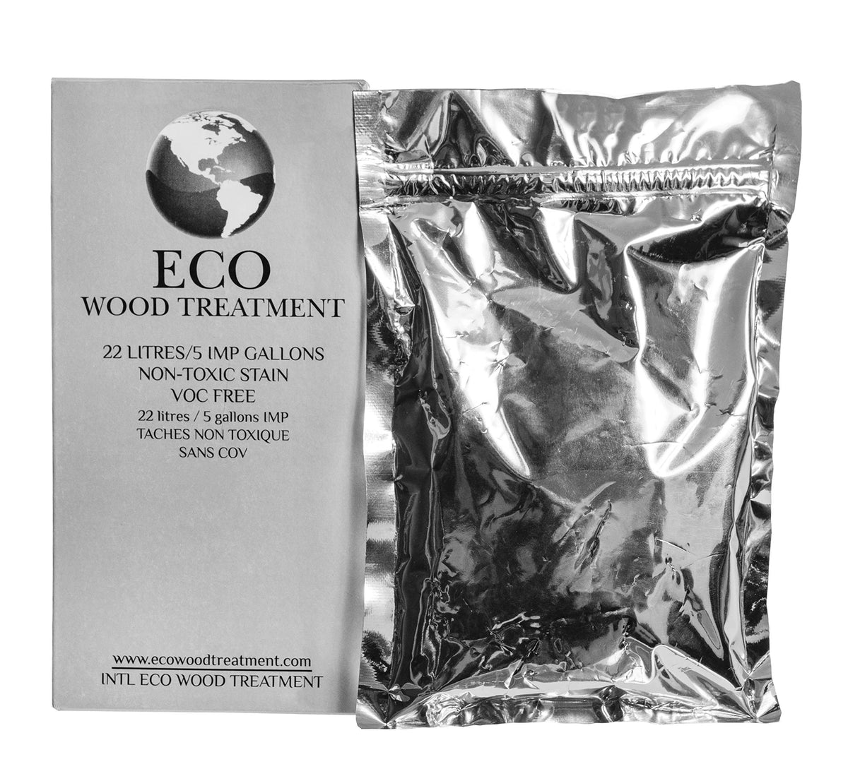 Eco Wood Treatment package displaying silvery patina aging of wood.