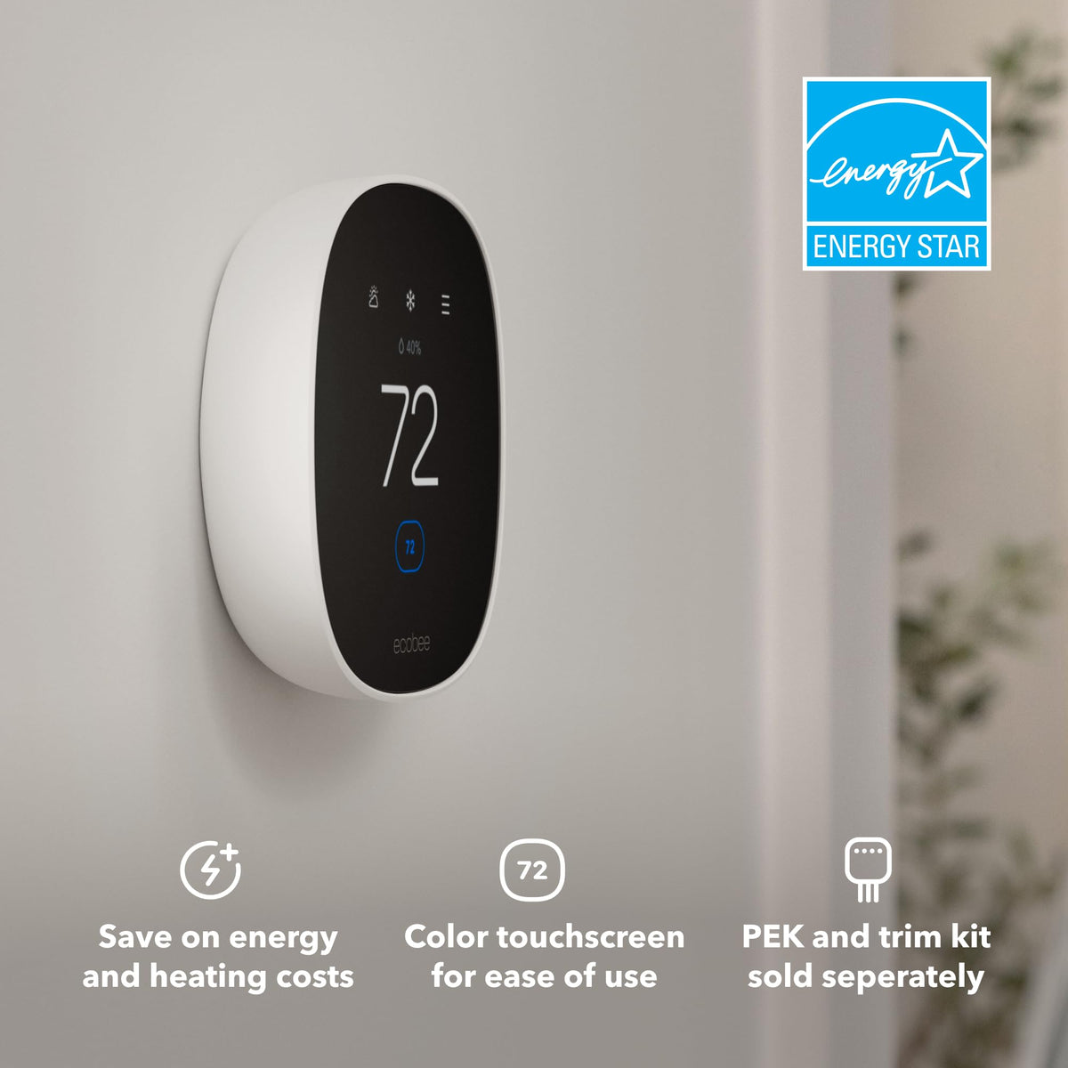 ecobee Smart Thermostat Essential color touchscreen close-up enabling quick energy savings.