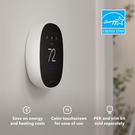 ecobee Smart Thermostat Essential color touchscreen close-up enabling quick energy savings.