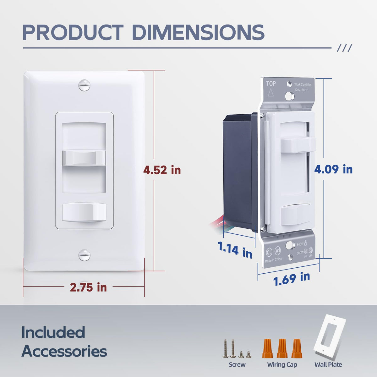 Ecoeler dimmer switch with LED/CFL compatibility up to 300W.