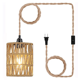 EcoGehen Boho plug-in pendant light with woven rattan shade for warm living room ambience.