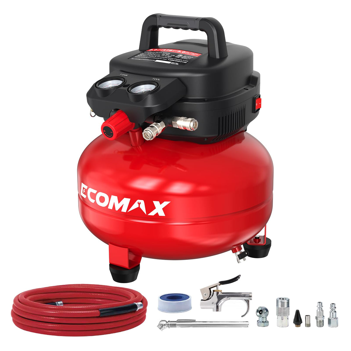 ECOMAX 6-Gallon pancake air compressor, front view, portable for on-site tasks