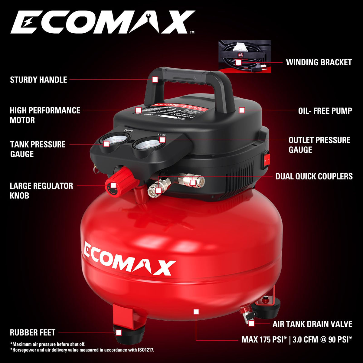 ECOMAX 6-Gallon pancake air compressor, top view, compact for storage