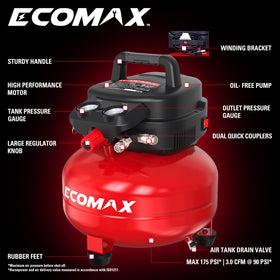 ECOMAX 6-Gallon pancake air compressor, top view, compact for storage