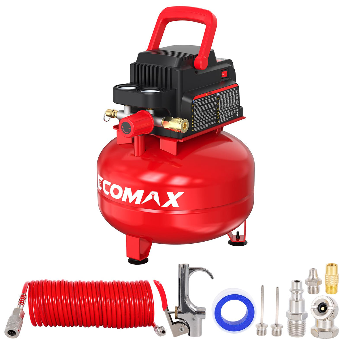 ECOMAX pancake-style air compressor shown as a compact, portable unit for on-the-go inflation