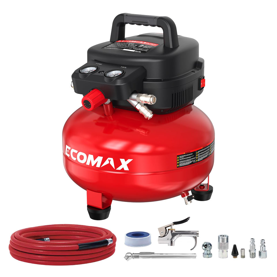ECOMAX pancake air compressor front view showing compact portable design for on-the-go inflation