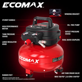 ECOMAX pancake air compressor side view highlighting lightweight profile for easy storage